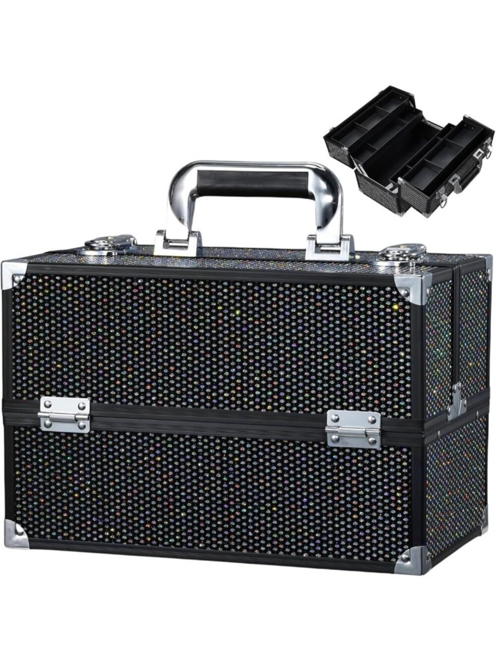 Large 12.6 Inch Makeup Train Case with 4 Trays, Lock & Adjustable Compartments